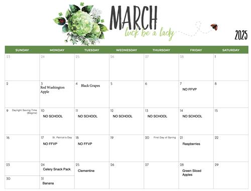 Calendar showing the Fruit and Vegetable menu for the month of March.